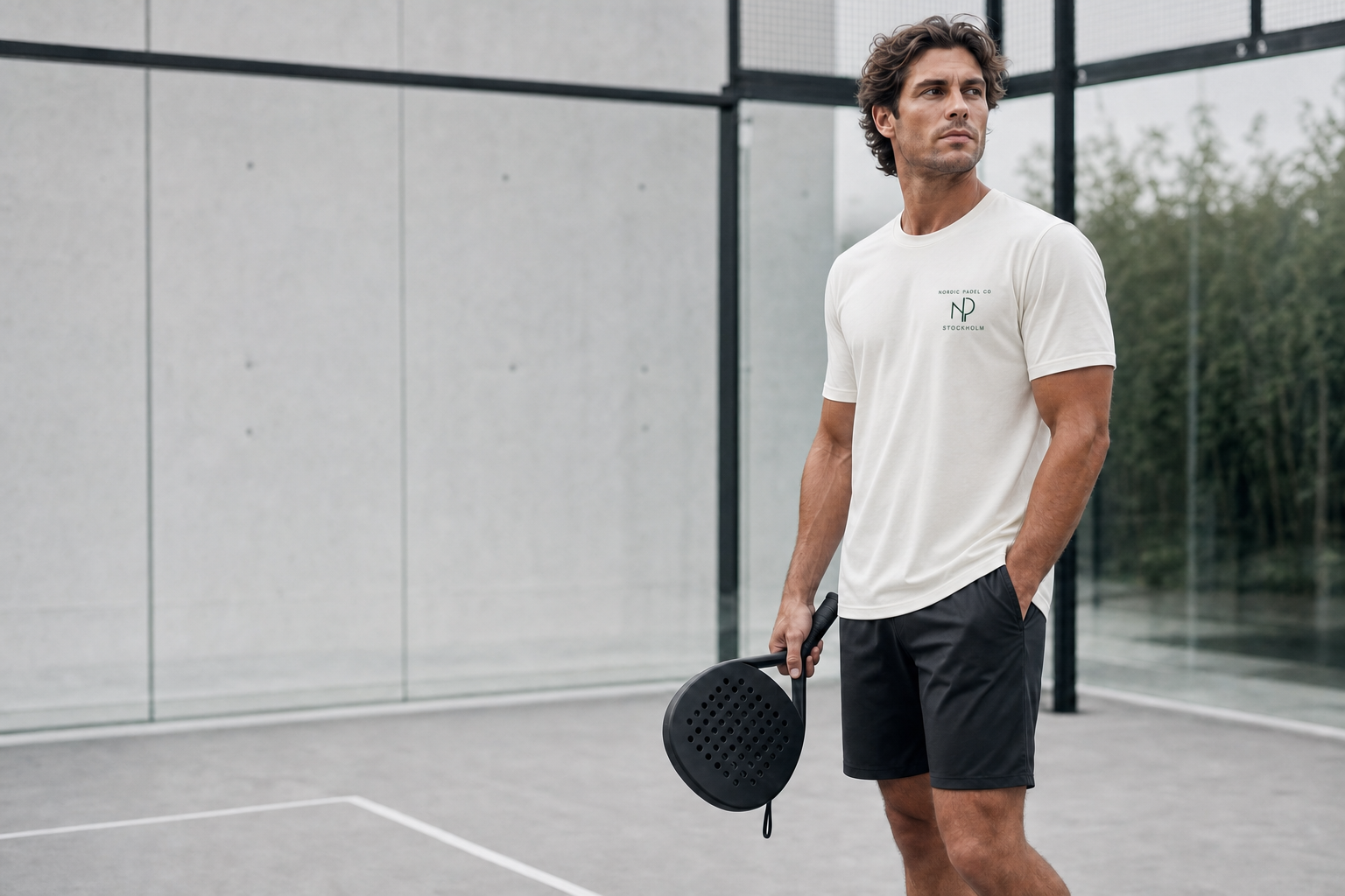 Padel player wearing a Nordic Padel Co. Stockholm tee on a minimal court